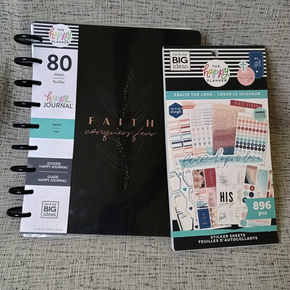 The Happy Planner Faith Conquers Fear Guided Journal and 896pc Sticker Book Set